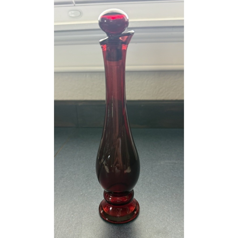 AVON Vintage Ruby Red Bud Vase Glass 8" Bottle with Stopper Empty!